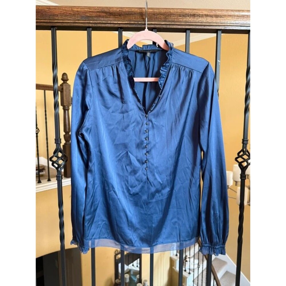 White House Black Market Blue Satin Ruffle-Neck Blouse
